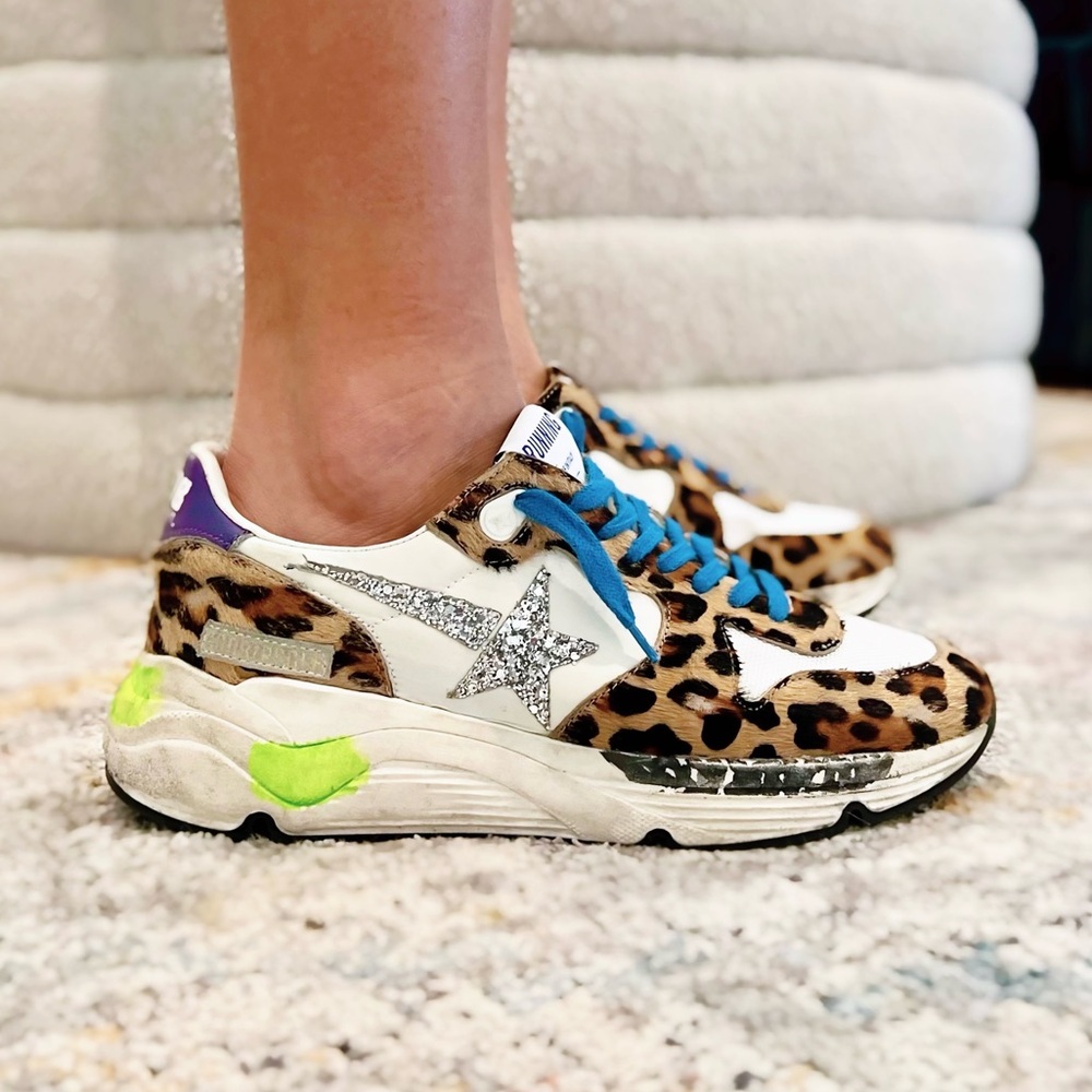 Golden Goose Leopard Print Sneakers with Blue Laces